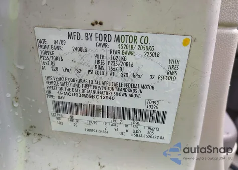2009 Ford Escape Xlt z USA, uszkodzony, nr VIN 1FMCU03G09KC12940